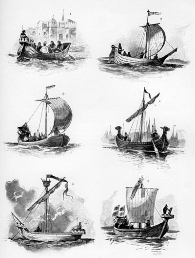 1903年に14世紀と15世紀のハンザ同盟の船。 作： Willy Stöwer