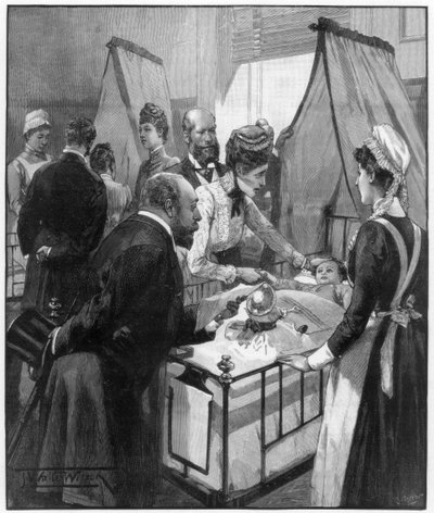 1890年、病気の子供のためにエブリン病院を訪れたウェールズの王子と王女。 作： Wilson