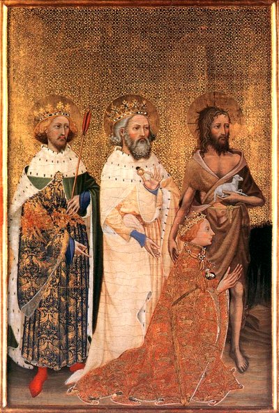 1395 年から 1399 年にかけて、イギリスのリチャード 2 世と彼の守護聖人。 作： Wilton Master