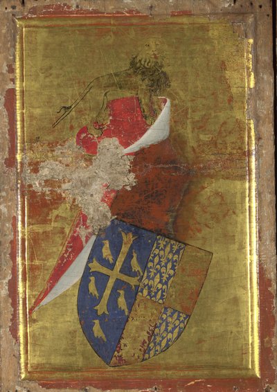 イングランド王リチャード 2 世の紋章 1395 年から 1399 年にかけてのウィルトン ディプティクの外側のパネル 作： Wilton Master