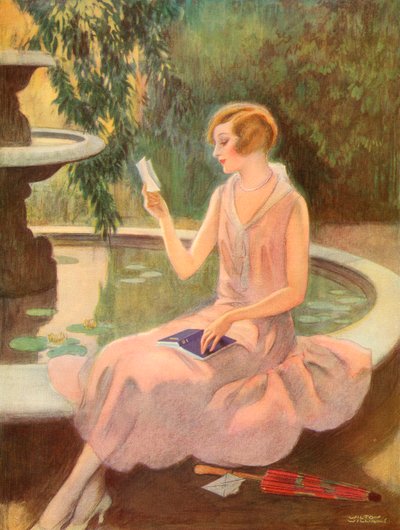 噴水のそばでラブレターを読む若い女性、1925年頃（スクリーンプリント 作： Wilton Williams
