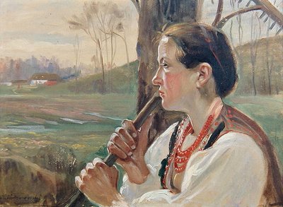 熊手を持つ少女」1914年頃（板に油彩） 作： Wincenty Wodzinowsky