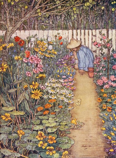 ガーデニングの子供向け本：草本ボーダー（カラーリトグラフ） 作： Winifred Cayley Robinson