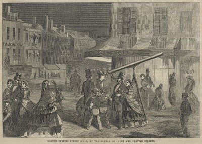 ボストンのイブニングストリートシーン、コートストリートとブラットルストリートの角 作： Winslow Homer