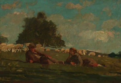羊と一緒に野原にいる男の子と女の子 作： Winslow Homer