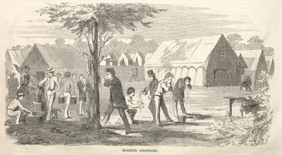 キャンプ会議のスケッチ：朝の清め、1858年。 作： Winslow Homer