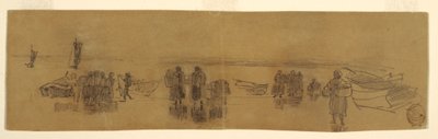 素描、4隻の漁船が浮かぶ浜辺、カラーコーツ、イギリス、1881-82年 作： Winslow Homer