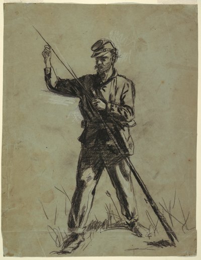 騎兵隊兵士がライフルに装填している図面、1863-64年 作： ウィンスロー・ホーマー