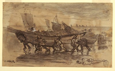 ドリーに乗り込む漁師たち、カラーコーツ、イギリス、1881年 作： Winslow Homer