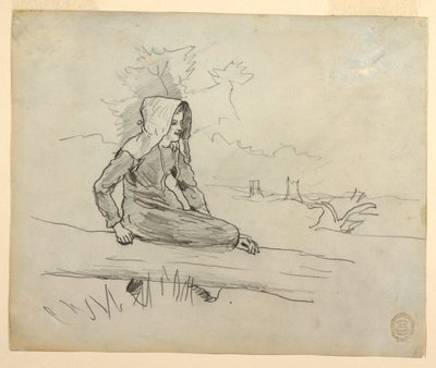 デッサン《木の幹に座る少女》1879年 作： ウィンスロー・ホーマー