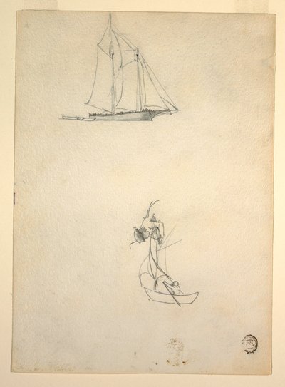 図面、スクーナー船と3隻のディンギー、1881年 作： Winslow Homer
