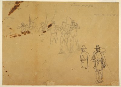 素描、歩兵単身フィギュアのスケッチと練習用サイン、1862年 作： ウィンスロー・ホーマー