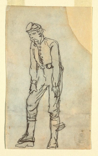 パイプをくわえた兵士のデッサン、1862年 作： Winslow Homer