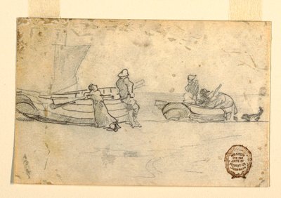 素描《浜辺に浮かぶ2隻のボートと人物》カラーコーツ、イギリス、1881-82年 作： ウィンスロー・ホーマー