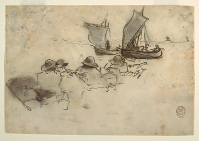 デッサン、帆を張った2隻の漁船、カラーコーツ、イギリス、1881-82年 作： Winslow Homer