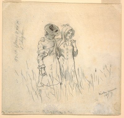 ドローイング、畑の中の二人の少女、1879年 作： Winslow Homer