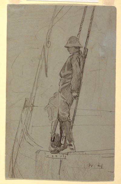 帆船の艤装品にもたれかかる青年、おそらく1861-62年のデッサン 作： ウィンスロー・ホーマー