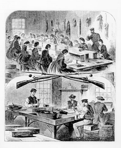 1860年代、マサチューセッツ州ウォータータウンの兵器庫にカートリッジを充填 作： Winslow Homer