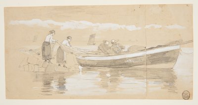 浜辺のドリーに網を積む漁師と女性、カラーコーツ、イングランド 作： Winslow Homer