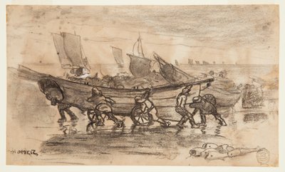 ドリーを浜辺に運ぶ漁師、カラーコーツ、イングランド 作： Winslow Homer