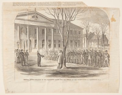ワシントン D.C. で合衆国に奉仕するために召集された志願兵でのトーマス将軍の宣誓 作： Winslow Homer