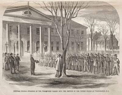 トーマス将軍、ワシントンD.C.で合衆国に招集された志願兵に宣誓する。 作： Winslow Homer
