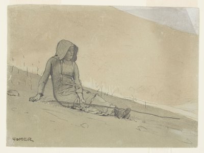 丘の中腹に座る少女 作： Winslow Homer