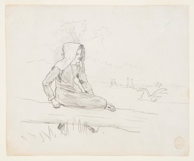 木の幹に座る少女 作： Winslow Homer