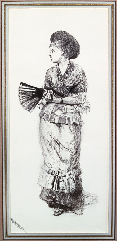 ファンの女の子（紙に木炭） 作： Winslow Homer