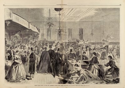 1861年12月、ニューヨーク市の集会所で開かれた大博覧会、市の貧民救済のために（『ハーパーズ・ウィークリー』1861年12月28日号より 作： Winslow Homer