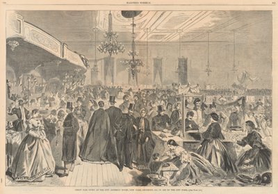 1861 年 12 月、ニューヨーク市の集会室で、市の貧しい人々を支援するための大博覧会。 ハーパーから 作： Winslow Homer