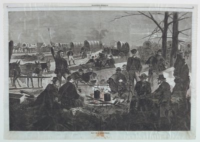幌馬車隊の停止、ハーパーズ ウィークリー、1864 年 2 月 6 日、88 ～ 89 ページより 作： Winslow Homer