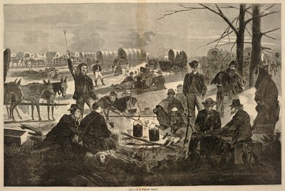 1864年2月6日付『ハーパーズ・ウィークリー』誌より「荷馬車列車の停車 作： Winslow Homer