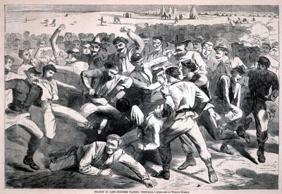 野営地の休日 - 「フットボール」をする兵士たち、『ハーパーズ・ウィークリー』、1865年7月15日 作： ウィンスロー・ホーマー