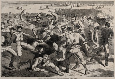 キャンプの休日-フットボールをする兵士、1865年。 作： Winslow Homer