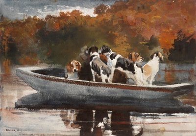 ボートに乗った狩猟犬（スタートを待つ） 作： Winslow Homer