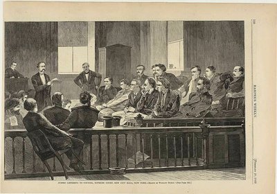 弁護人の話を聞く陪審員たち（ニューヨーク、新市庁舎、最高裁判所 作： Winslow Homer