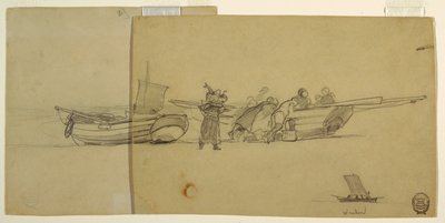 釣り用ドーリーを降ろす男性と女性、カラーコーツ、イングランド 作： Winslow Homer