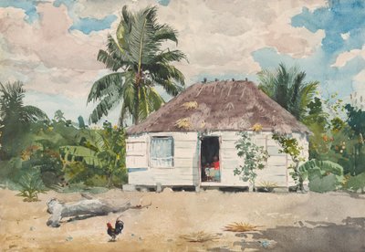1885年、ナッソーの先住民の小屋。 作： Winslow Homer