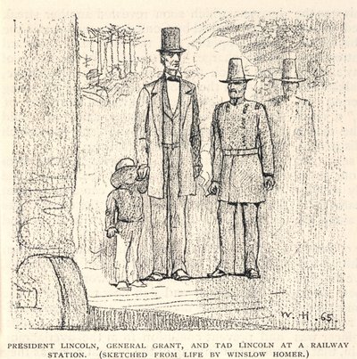 鉄道駅でのリンカーン大統領、グラント将軍、タッド・リンカーン（1887年11月「The Century Magazine」より 作： Winslow Homer