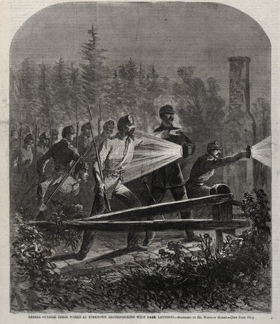 ダークランタンで偵察するヨークタウンでの作品の外の反逆者、1862年。 作： Winslow Homer