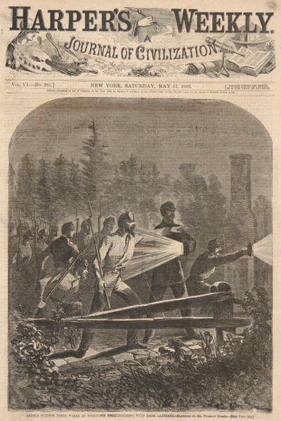 Harper の Dark Lanterns で偵察する Yorktown の仕事の外にいる反乱軍 作： Winslow Homer
