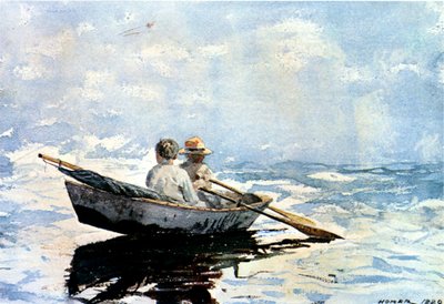 ボートを漕ぐ、1880（ボード上の紙にトイレ） 作： Winslow Homer