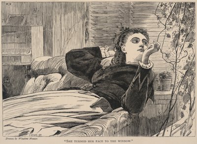 彼女は窓に顔を向けた」（『ギャラクシー』1868年5月号より 作： ウィンスロー・ホーマー