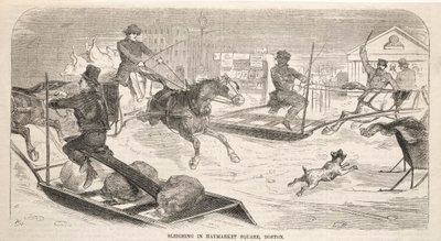 1859年、ボストンのヘイマーケットスクエアでのそり。 作： Winslow Homer
