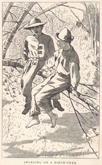 白樺の木の上でブランコ（『Our Young Folks』1867年6月号より 作： Winslow Homer
