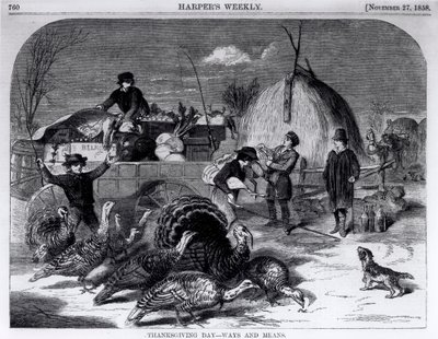 感謝祭の日：方法と手段、「ハーパーズウィークリー」から、1858年11月27日 作： Winslow Homer
