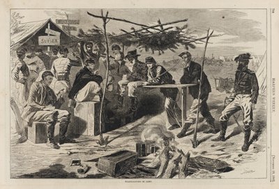 キャンプでの感謝祭、ハーパーズウィークリー発行、11月29日 作： Winslow Homer