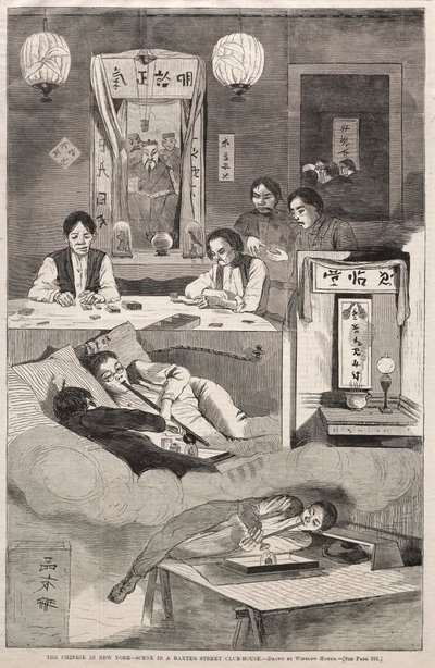 ニューヨークの中国人-バクスターストリートクラブハウスのシーン、1874。 作： Winslow Homer