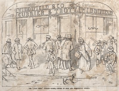 コールドターム、ボストン-シーン、コーナーミルクとワシントンストリート、1858年。 作： Winslow Homer